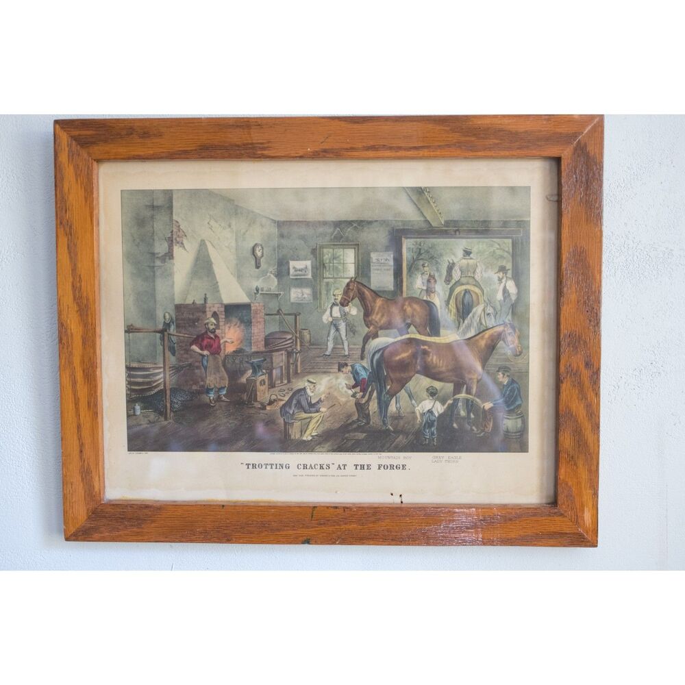 Vintage Currier and Ives Reproduction Trotting Cracks at the Forge Framed Print